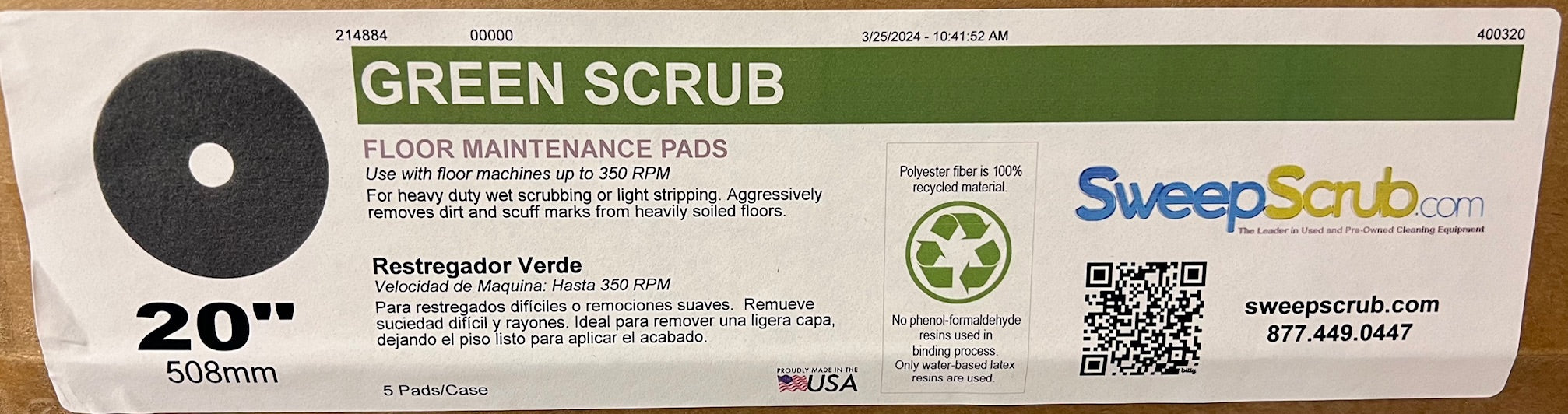 20" Green Heavy Duty Floor Pads, Green Seal Certified- Case of 5 #SS-400320