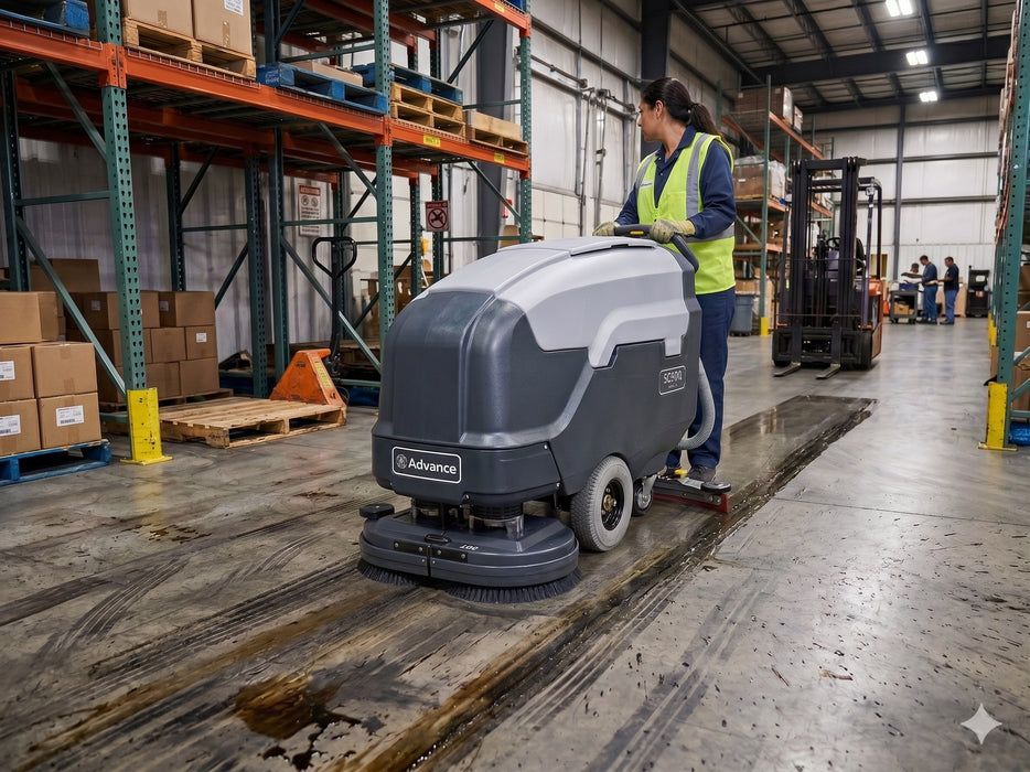 Refurbished Advance SC900, Walk Behind Floor Scrubber, 34", 30 Gallon, Battery, Self Propel, Disk, 9/1/1 Warranty