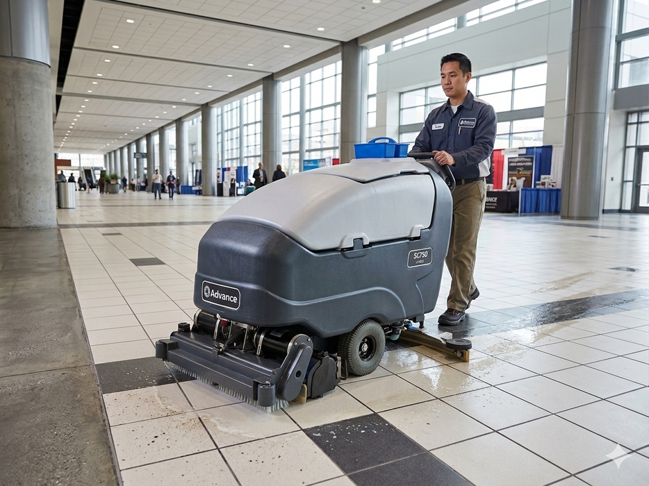 Refurbished Advance SC750, Floor Sweeper-Scrubber, 28", 21 Gallon, Battery, Self Propel, Cylindrical, 9/1/1 Warranty