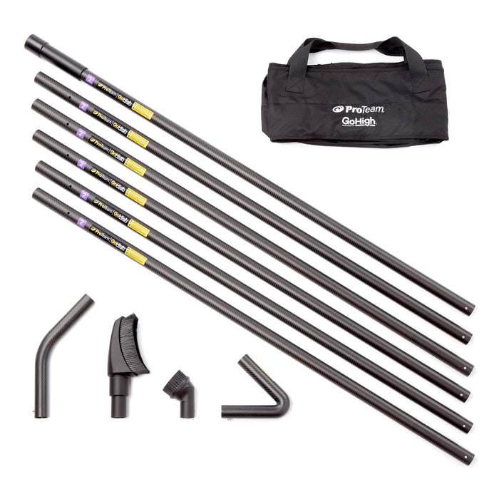 ProTeam GoHigh Max 107852 kit: 6 carbon fiber poles, 45 and 135-degree bends, pipe tool, round brush, and bag